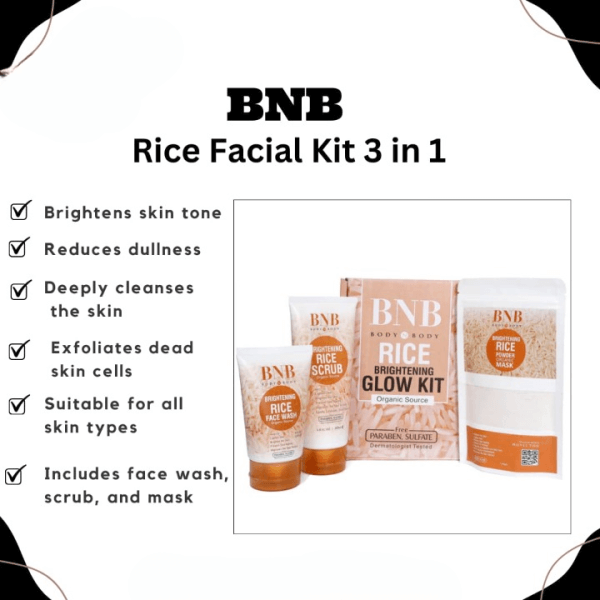 3 In 1 Bnb Whitening Rice Extract Bright & Glow Kit ( Rice Face Wash + Rice Scrub + Rice Mask )