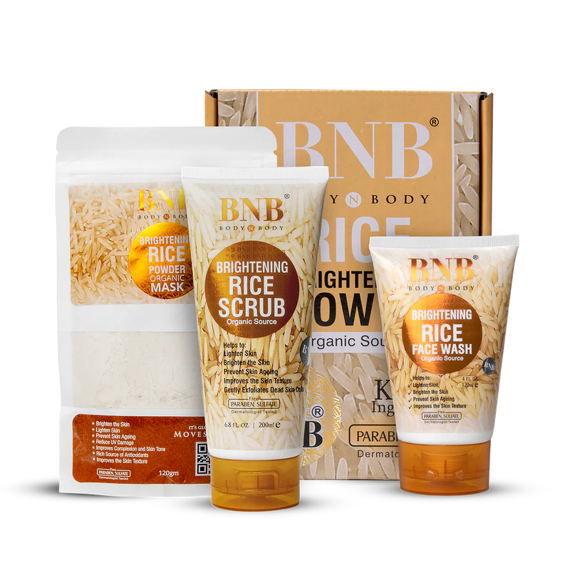 3 In 1 Bnb Whitening Rice Extract Bright & Glow Kit ( Rice Face Wash + Rice Scrub + Rice Mask )